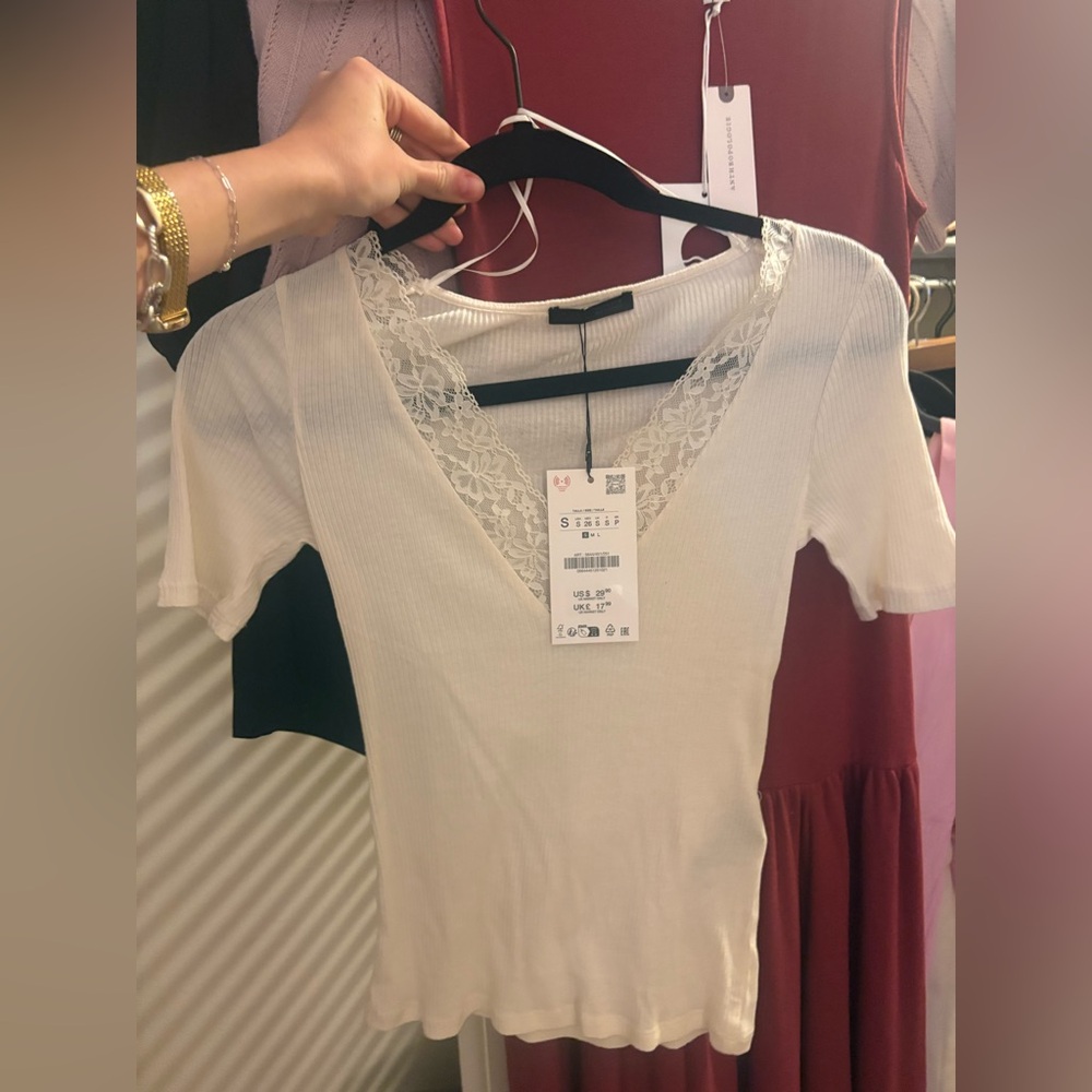 Zara White Lace Trim Ribbed Top